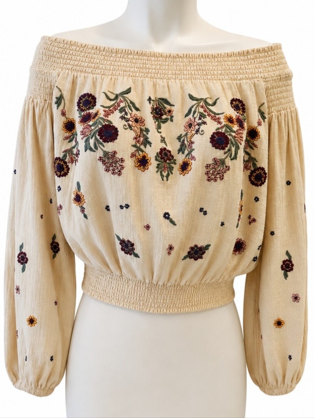 Free People Saachi Smocked Off Shoulder Embroidered Boho Top S - Picture 2 of 9